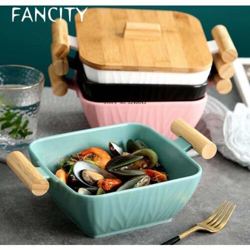 FANCITY Nordic creative ceramic dish kitchen salad fruit plate with lid large capacity ceramic dish storage tray 1300ml deep dis