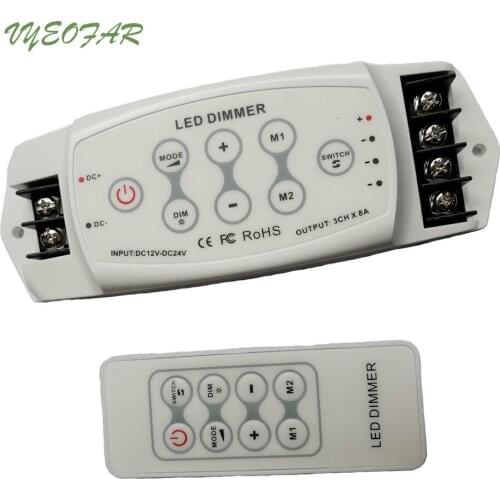 New LED Strip Dimmer Controller 3 Channel Output 8A*3CH RF Remote Wireless PWM 12V-24V DC For Led Single Color String Tape Dim
