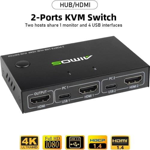 AIMOS AM-KVM201CC 2-Port KVM Switch HDMI-compatible splitter 10Gbps USB Switch Splitter for 2 PC Sharing Keyboard Mouse Printer