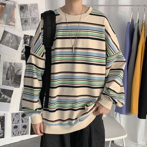 Mens Clothing Youth Casual Loose Fitting Class Stripe Round Neck Long Sleeve Student Literature And Art Cotton The New