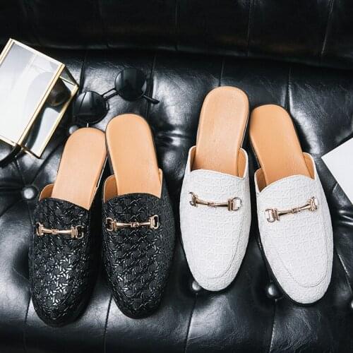 Mens Leather Open Back Slip-on Dress Slippers on Backless Penny Loafers Slipper Lazy Person Half Shoe for Men Mules Zapatos