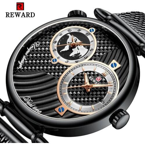 REWARD Black Watch Men Quartz Multiple Time Zone Design Mesh Band Waterproof Male Clock Business Relogio Masculino