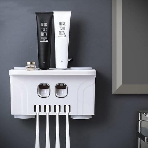 ONEUP Wall Mount Auto Squeezing Toothpaste Dispenser Toothbrush Holder Suction 4 Cup Bathroom Accessories Set Storage Rack
