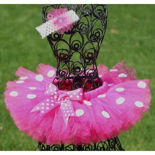 Girls Hot Pink Tutu Skirts Baby Fluffy Ballet Tulle Pettiskirts with White Dots Bow and Flower Headband Kids Cheap Party Tutus