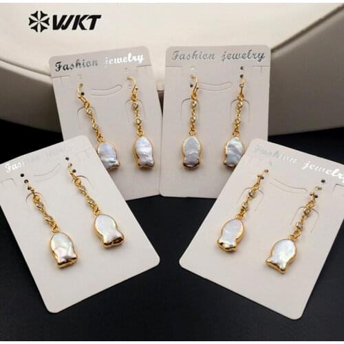 WT-E394 WKT Fashion Fish Shape Natural Freshwater Pearl Drop Earring With Best Quality CZ Micro Pave Chain Jewelry Earring