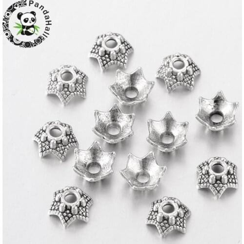 Tibetan Antique Silver Color Bead Caps, Lead Free, Flower, about 7mm in diameter, 3mm high, Hole: 2mm