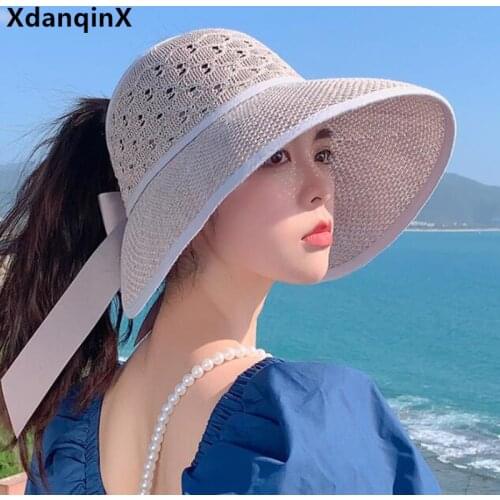 XdanqinX New Summer Womens Panama Sun Hats Foldable Ladies Empty Top Straw Hat Bow Decoration Big Brim Sun Protection Beach Hat