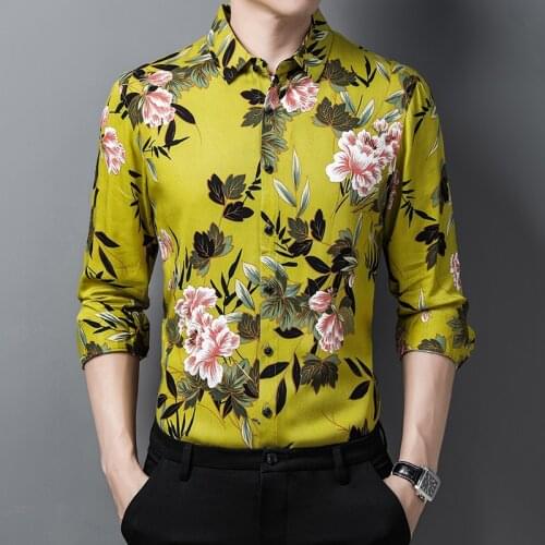 Yellow Flowers Printed Shirts Mens Fashion Dress Shirts Designer Beach Clothes Long Sleeve Party Shirts Floral Plus Size Shirts