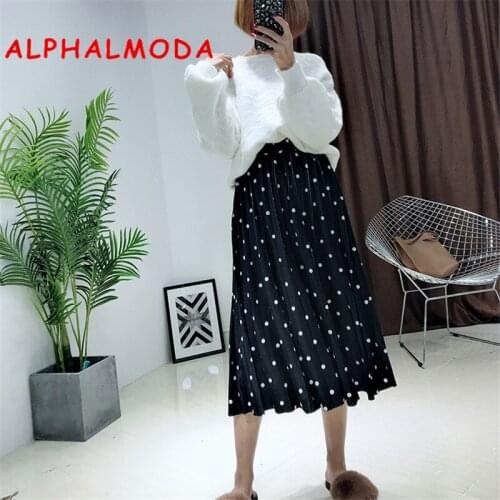 ALPHALMODA 2019 Spring Ladies Graceful Polka Dot Velvet Skirt Mid-calf Length Ladies Pleated All-matching Skirt