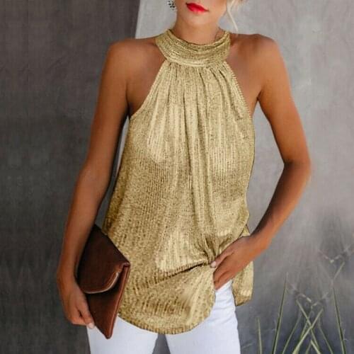 Women Gold Blouse 2020 New Fashion High Neck Sleeveless Hatler Tank Top Vest Summer Casual Loose Blouse Shirt Tee