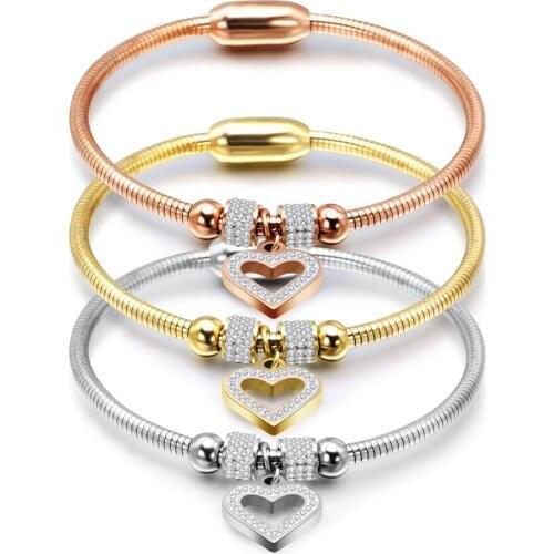 New Style Heart Crystal Charm Bracelet Bangles Magnet Clasp Snake Chain 316L Stainless Steel Women Wedding jewelry