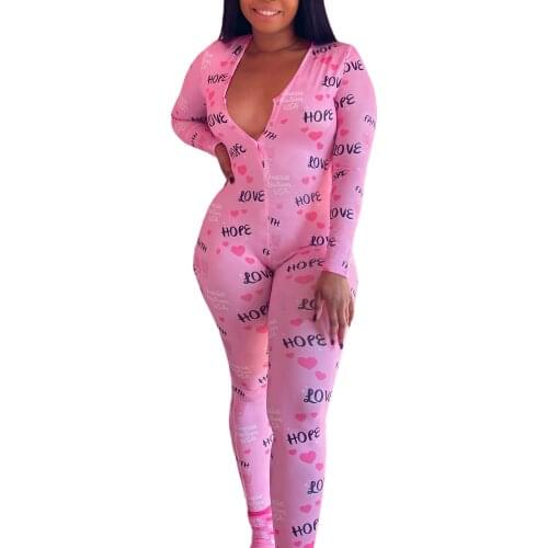 S-4XL Fashion Heart Letter Print Long Jumpsuit V-neck Pink Romper Sleepwear Homewear Valentines Day Holiday Party Costume
