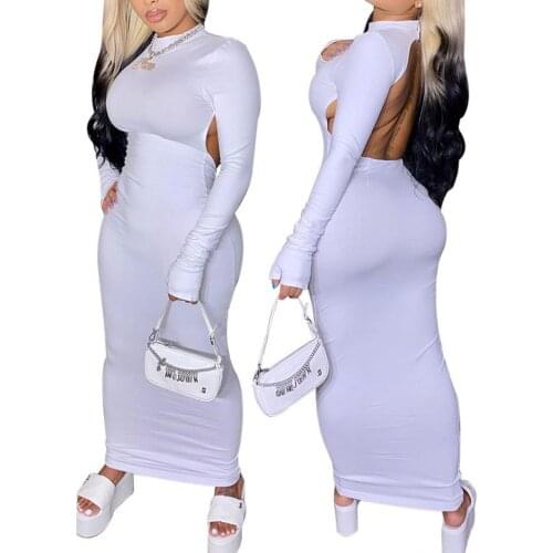 Women’s Slim Fit Dress, Sexy Crew Neck Solid Color Backless Long Sleeve Long Dress with Gloves