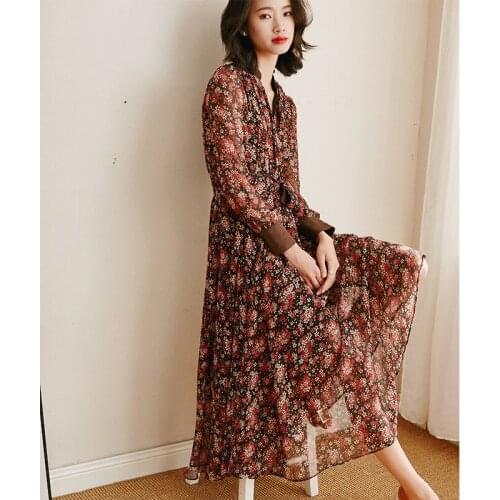 Retro French floral dress womens silk dress 2020 spring dress new slim holiday style long dress