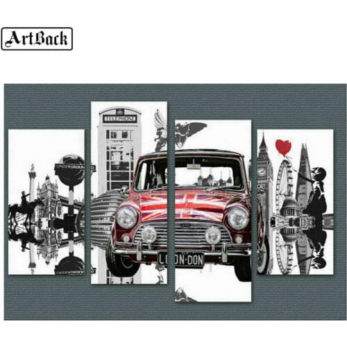 1 set of 4pcs diamond painting taxi car bus pattern full square diamond embroidery 3d round drill wall sticker