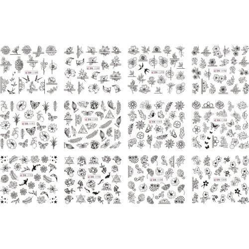 12 Sheets/Lot BN1189-1200 Black Flower Leaf Nail Polish Sticker Decal Water Tattoo Decoration Foils Wraps Accessories