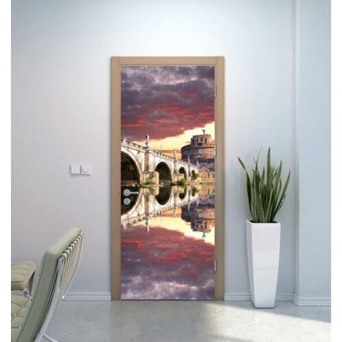 3D Door Sticker Cloudy Bridge Reflection Wall Sticker DIY Door Cover Kitchen Home Decoration Accessories Modern 3d Wall Stickers