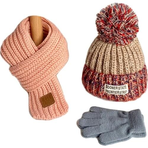 Kids Winter Cable Knit Beanie Hat Scarf Set Pompom Cap X7JB