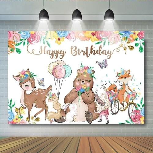 Birthday Party Animals Themed Backdrop Bears Fox Forest Backdrop For Photo Booth Butterfly Bicycle balloon Backdrops For Photo S