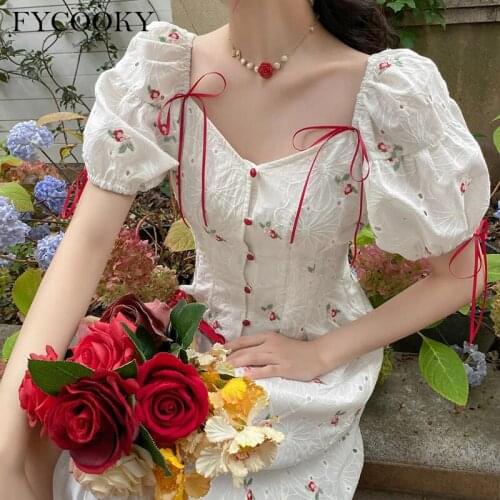 French Elegant Embroidered Dress Girl Court Style Sweet Retro White Dress Women Fairy Puff Sleeve Long Dresses
