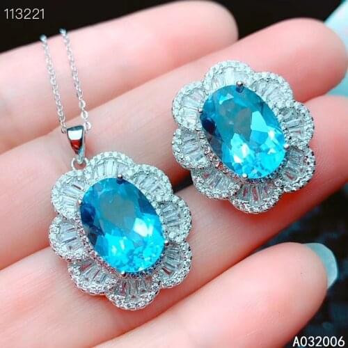 KJJEAXCMY Fine Jewelry 925 Sterling Silver Inlaid Natural Blue Topaz Gemstone noble Ring Necklace Pendant Set Support test