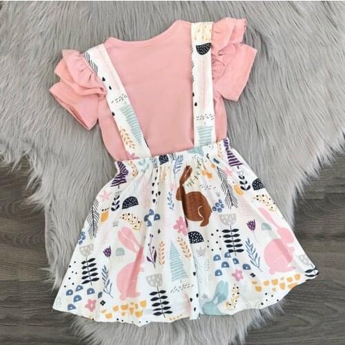 2Pieces Newborn Baby Girl Clothes Sets Pink Ruffle T-shirt Top+Rabbit Printed Strap Skirt Dress Outfit Baby Girl Casual Clothes