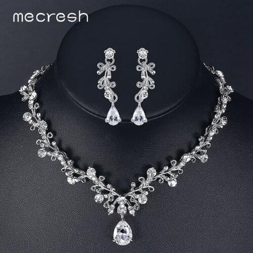 Mecresh Luxury Cubic Zirconia Bridal Jewelry Sets Leaf-Shape Crystal Rhinestone Party Wedding Jewelry Necklace Sets MTL486