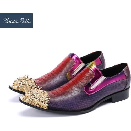 Christia Bella Designer Multicolor Men Genuine Leather Shoes Metal Pointed Toe Party Leather Shoes Male Business Formal Shoes