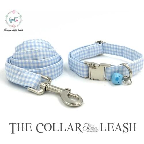 Blue Dog Collar and Leash Set with Blue Pig Bell Wedding Cotton Dog &Cat Necklace and Dog Leash for Pet Christmas Gift