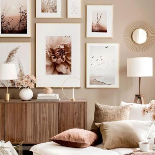 Golden Sunset Grass Beige Nature Dahlia Flower Beach Nordic Poster Wall Art Print Canvas Painting Decor Pictures For Living Room