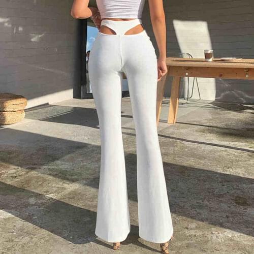 2021 New Fashion Women Sexy Hollow Flare Pants High Waist Solid Long Trouser Elegant Ladies Slim Fitenss Trending Flare Pants