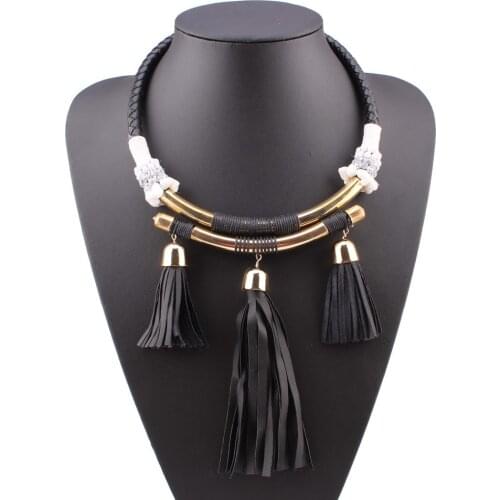 2021 New Fashion Design Black Leather Rope White Bead Chunky Statement Tassel Pendant Necklace for Women Jewelry