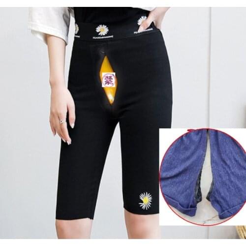 New 5-point sports pants women wear casual Open-crotch Pants Womens Invisible Zipper Five-point Skin Shorts Wear Sex-free