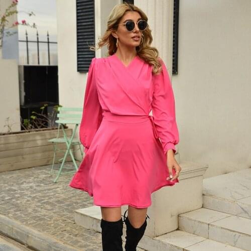 Autumn Solid Lace Up Waist Dress Women V-Neck Party Dress 2021 Fashion Long Sleeve A-Line Dresses Streetwear Style Cothing