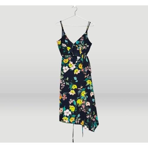V-neck Flower Print Goddess Suspender with Ruffle Wrap Lace Up Irregular Hem Dress