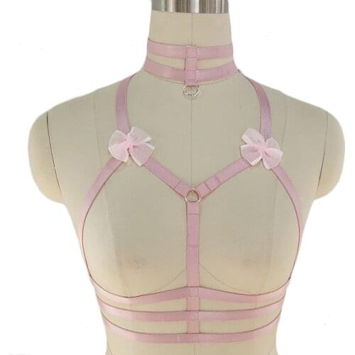 Fetish pink Bow Body Harness Bdsm Bondage High Waist Garter Belt Elastic Strap Lingerie Harajuku Punk Goth Halloween dance