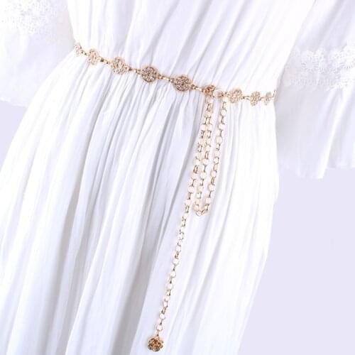 Ladies Rhinestone Gold Metal Chain Belt for Women Flower Waist Belts Designer Female Luxury Ceinture Femme