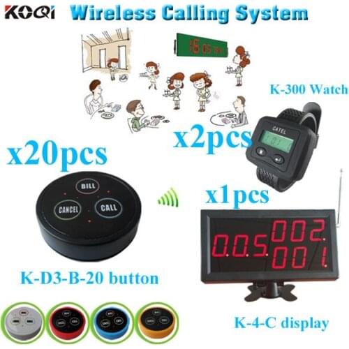 Restaurant Wireless Service Calling System with monitor bell button watch pager (1 display + 2 watch +20 table bell button)
