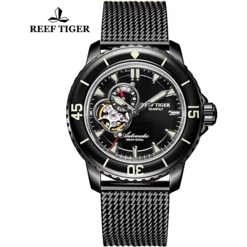 Reef Tiger/RT Top Brand All Black Automatic Mechanical Watch Men Super Luminous Military Watch 200M Waterproof Dive Sport Watch