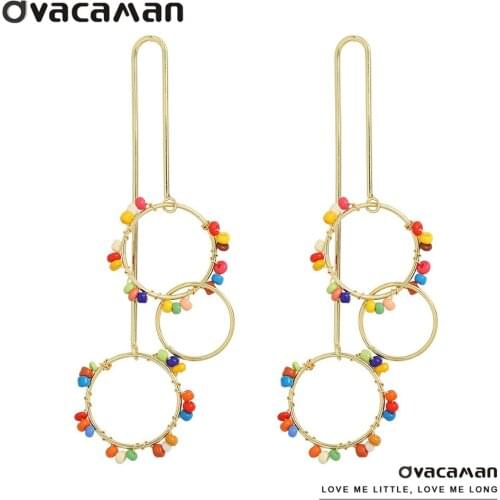 Dvacaman New Design Gold Color Metal Long Drop Earrings for Women Boho Colorful Beaded Statement Earrings Jewelry Wholesale 2021