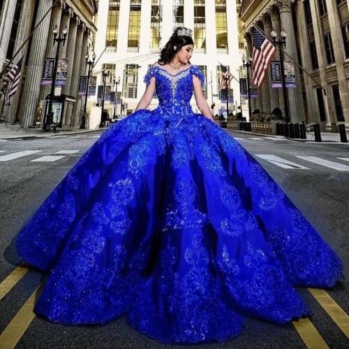 Modest Royal Blue Quinceanera Dress Crystal Beaded Lace Applique Vestidos Para XV Años Sweet 16 Dress robe de soirée