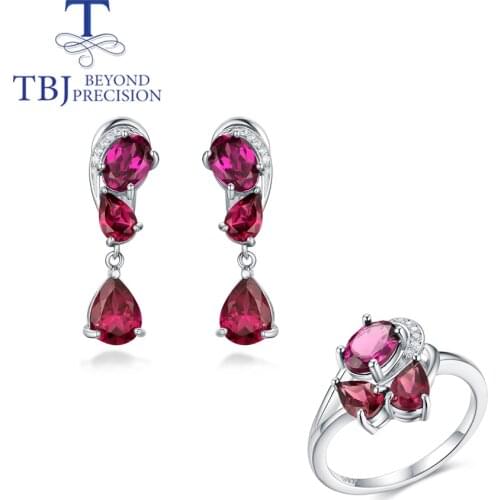 Tbj, 2021Natural Rhodolite Garnet jewelry set ,925 Sterling silver brazil gemstone clasp earring Ring fine jewelry for women mom
