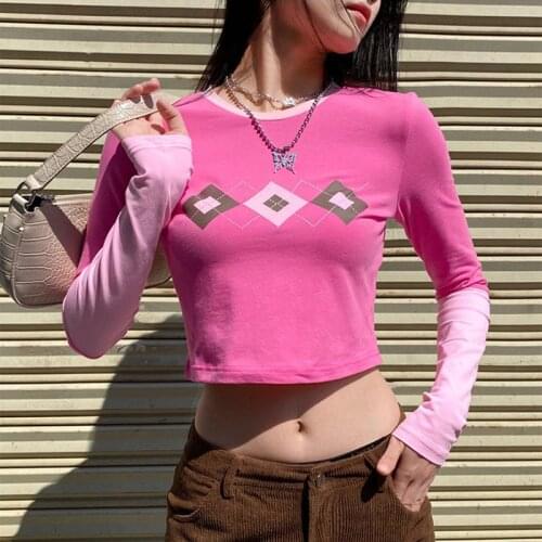 Pink Color Block T-Shirts Women Plaid Geometric Print Slim Y2K Crop Top Kawaii E Girl Long Sleeve Tee Shirt Punk Grunge Clothes