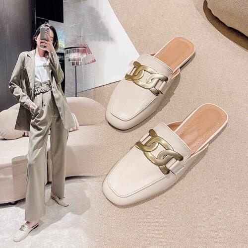 Womens shoes Baotou half slippers womens outer wear 2021 new leather sandals fashion lazy shoes flat shoes womens shoes