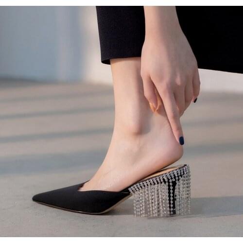 Womens Pointy Toe Real Leather Sequins Bling Stilettos High Rhinestones Tassels Heel Slipper Shoes Slingbacks Mules New 2021