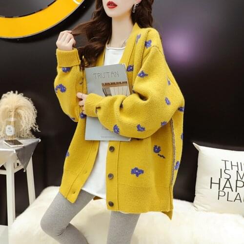 2021 Autumn New Knit Female Cardigan Loose Streetwear Knit Sweater Coat Casual Print Yellow V Neck Fall Women Knitted Cardigans