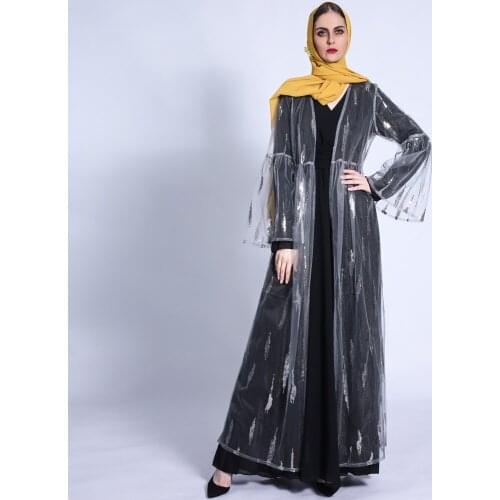 Summer F;are Sleeve Transparent Lace Open Abaya Kimono Arab For Party Dubai Muslim Women Fashion Clothes Sequin Gown Dress 2021