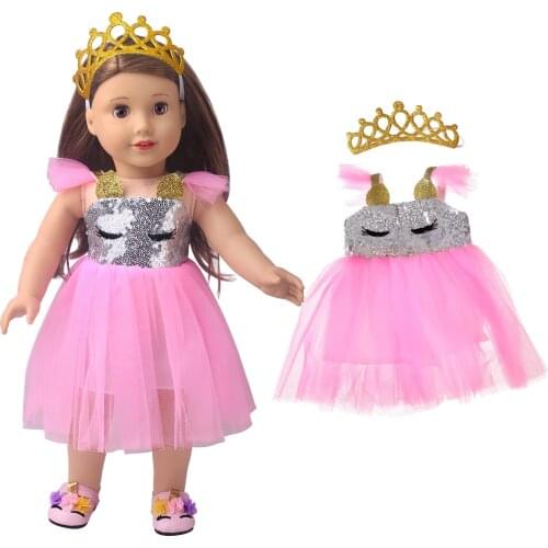 18 Inch American Doll Girls Skirt Pink Princess Dress + Golden Crown Newborn Baby Toys Accessories Fit 40-43 Cm Boy Dolls c838