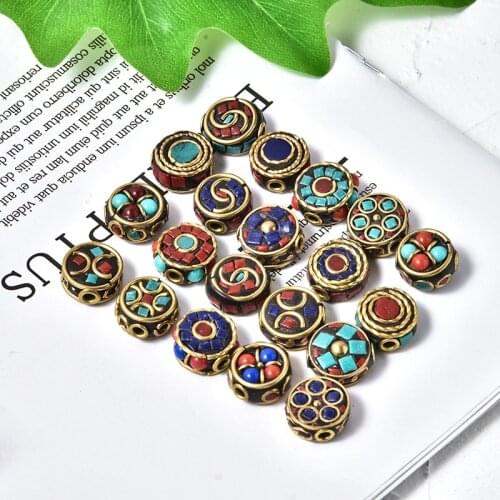 Antique Golden Charms Tibetan Beads Metal Inlay Artificial Coral Pendant Bead Retro Brass Bracelets Bangles Jewelry DIY Gift
