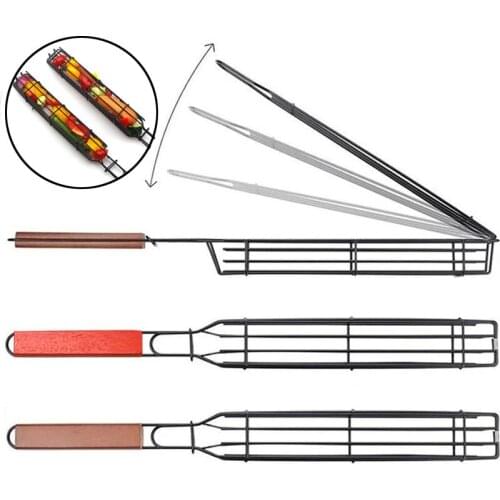 Non-Stick BBQ Grilling Tool Kebab Basket Stainless Steel Barbecue Mesh Net Hot Dog Sausage Skewers Kitchen Gadget Accessories